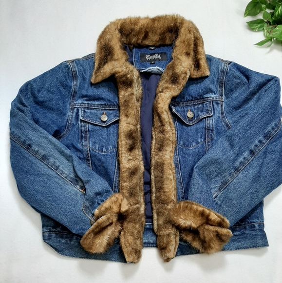 Excelled Collection Faux Fur Trim Jean Jacket M - Picture 11 of 11
